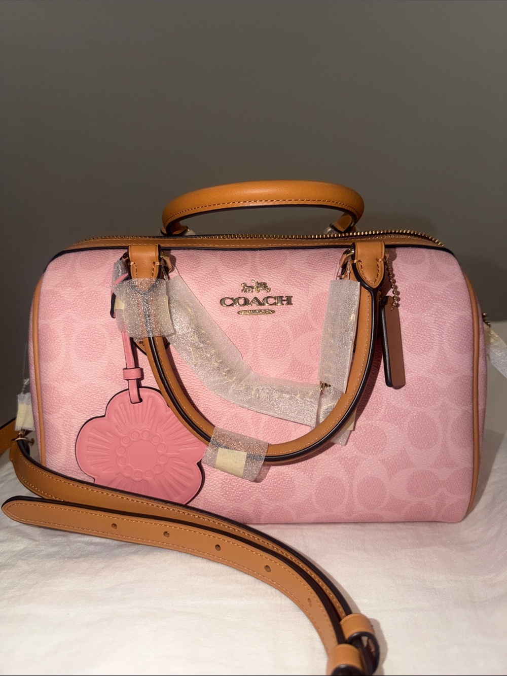 NWT COACH Powder Pink ROWAN Shoulder bag with Tan Trim and Floral Charm